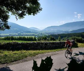 Un mountain biker pedala su una pista ciclabile