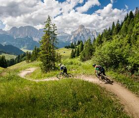 Zwei Mountainbiker fahren einen Trail