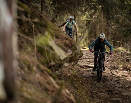 Due mountain biker scendono lungo un trail