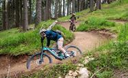 Two people are riding down a trail