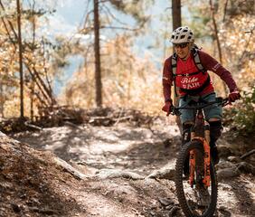 A mountain biker rides along a narrow forest trail through autumn leaves