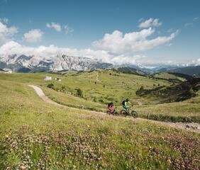 Zwei Mountainbiker fahren einen Trail in Alta Badia