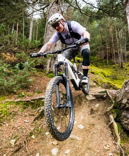 A mountain biker rides down a trail.