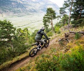 Ein Mountainbiker fährt einen Trail bergab