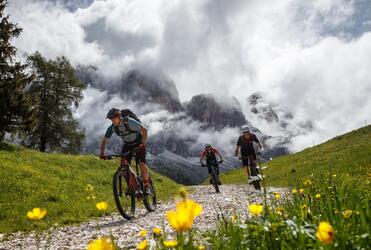 Tre mountain biker pedalano in salita su un trail
