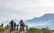 A group of cyclists riding along a forest road