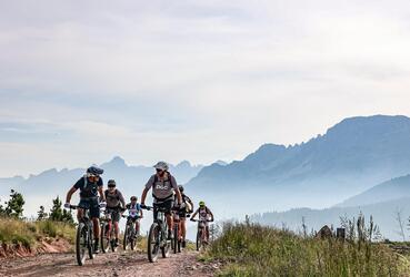 Eine Gruppe von Radfahrern ist auf einem Forstweg unterwegs