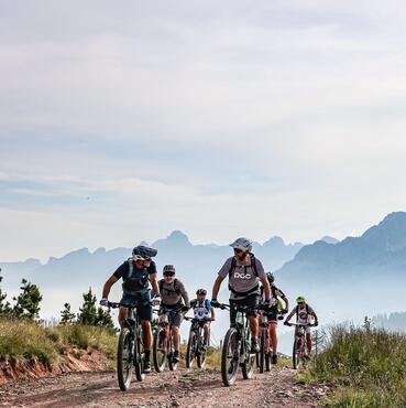 Un gruppo di ciclisti percorre una strada forestale