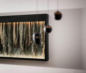 Abstract wall art with vertically hanging bundles of herbs, above which hang three round black pendant lights in front of a white wall.